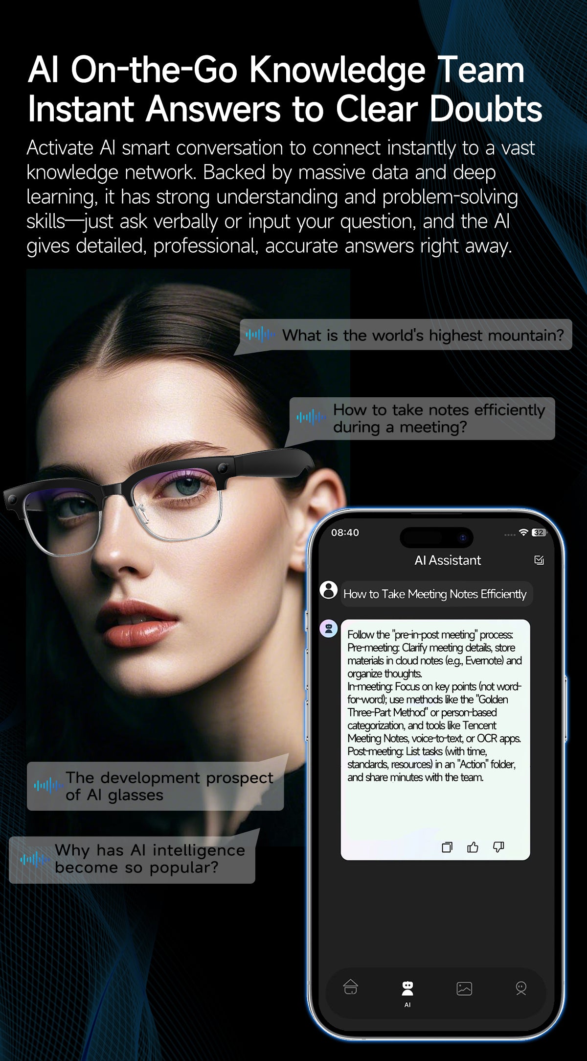 Smart glasses Photography glasses W630 AI translation Wi-Fi slide-to-touch New Fashion Arrivals.