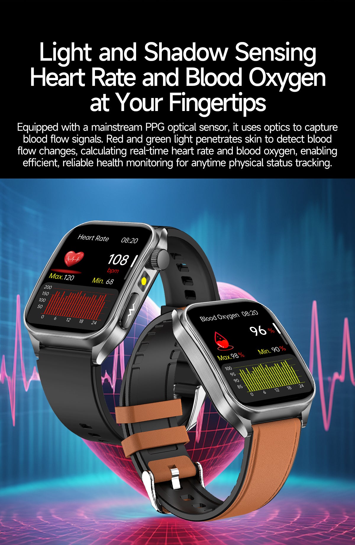 New smartwatch E810 Dual probe laser health therapy function Bluetooth call ECG electrocardiogram blood sugar uric acid blood lipid body temperature blood oxygen sleep monitoring breathing training.