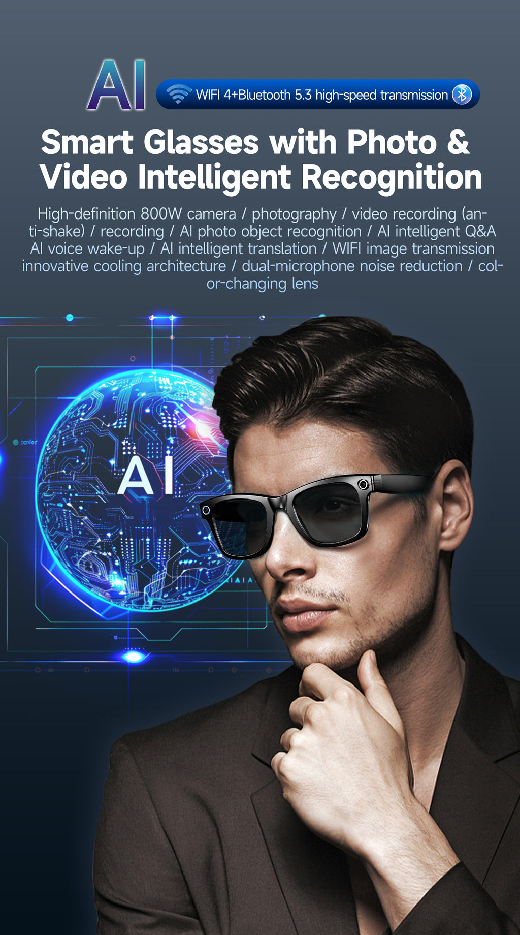 Smart glasses Photography glasses W610 AI translation 8 million pixels Wi-Fi slide-to-touch New Fashion Arrivals.