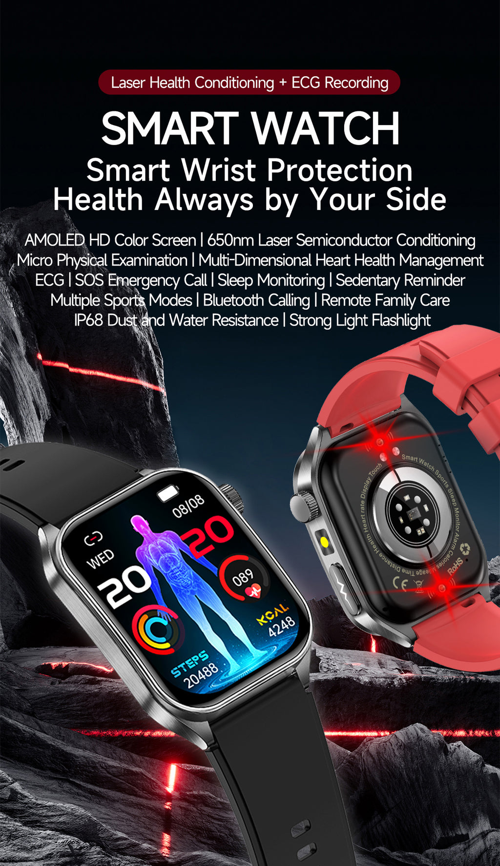 New smartwatch E810 Dual probe laser health therapy function Bluetooth call ECG electrocardiogram blood sugar uric acid blood lipid body temperature blood oxygen sleep monitoring breathing training.