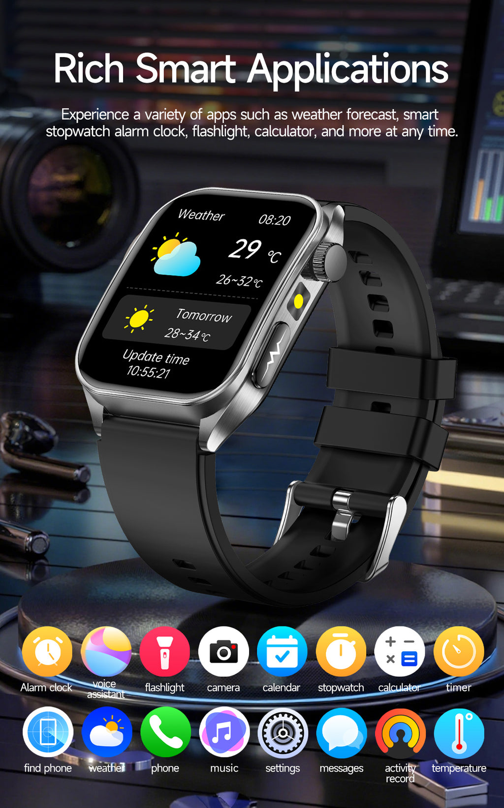 New smartwatch E810 Dual probe laser health therapy function Bluetooth call ECG electrocardiogram blood sugar uric acid blood lipid body temperature blood oxygen sleep monitoring breathing training.
