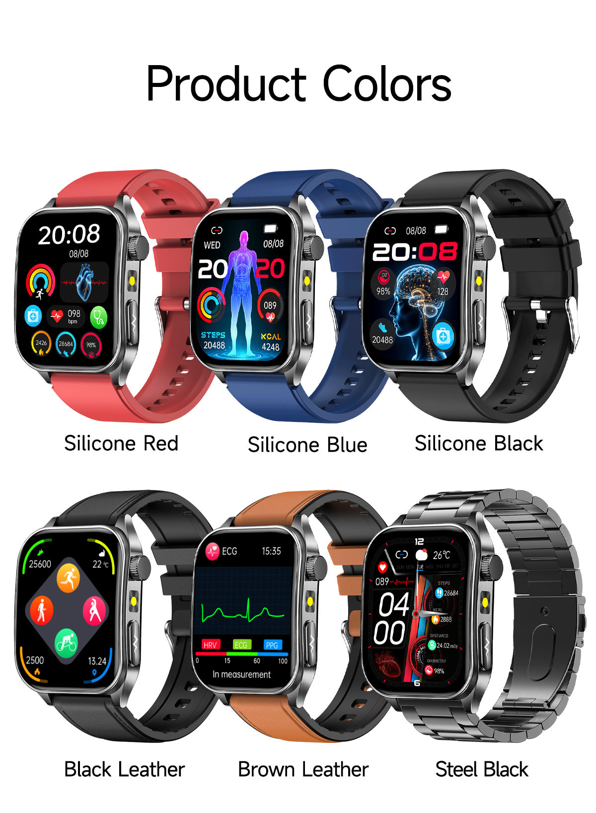 New smartwatch E810 Dual probe laser health therapy function Bluetooth call ECG electrocardiogram blood sugar uric acid blood lipid body temperature blood oxygen sleep monitoring breathing training.