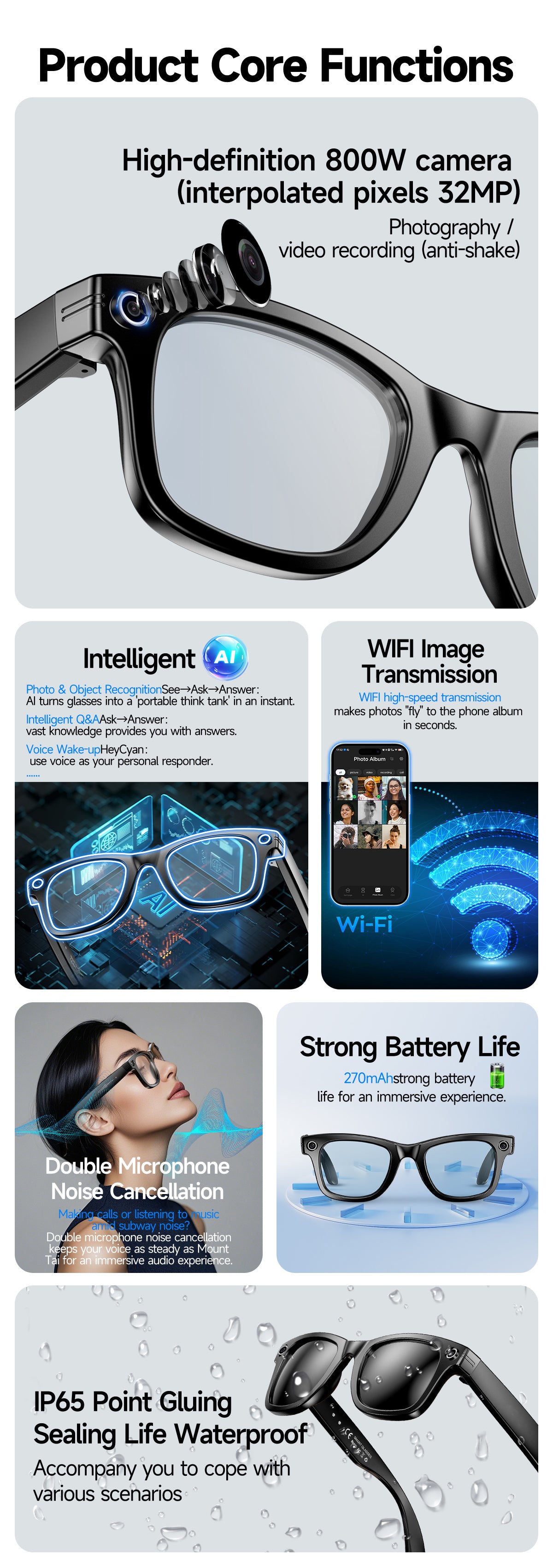Smart glasses Photography glasses W610 AI translation 8 million pixels Wi-Fi slide-to-touch New Fashion Arrivals.