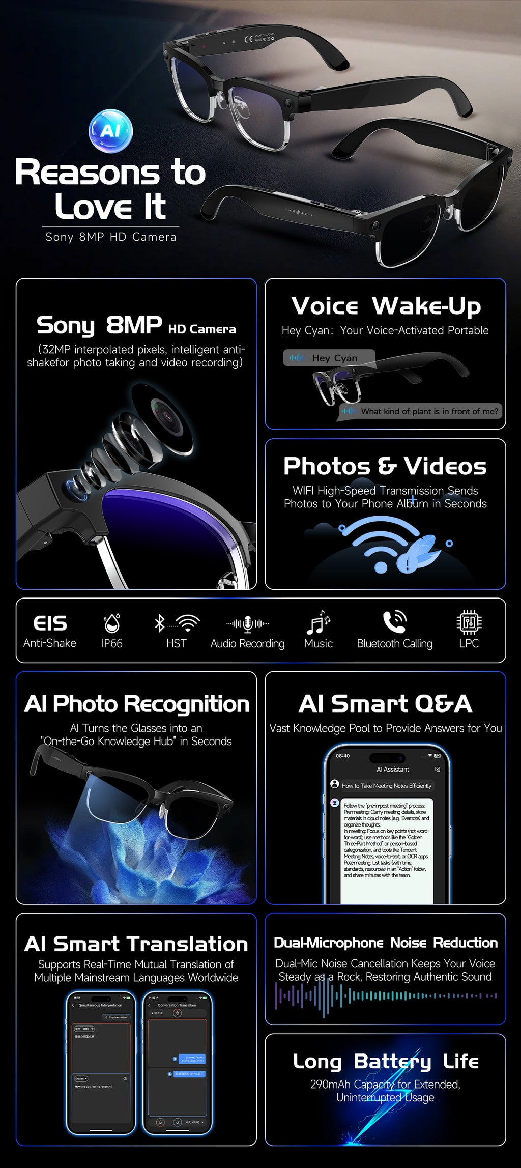 Smart glasses Photography glasses W630 AI translation Wi-Fi slide-to-touch New Fashion Arrivals.