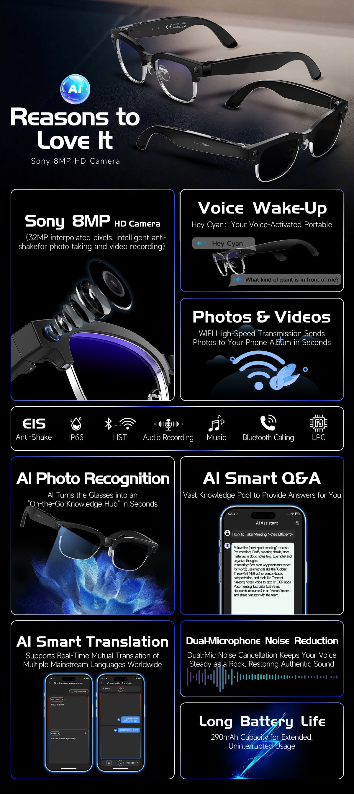 Smart glasses Photography glasses W630 AI translation Wi-Fi slide-to-touch New Fashion Arrivals.