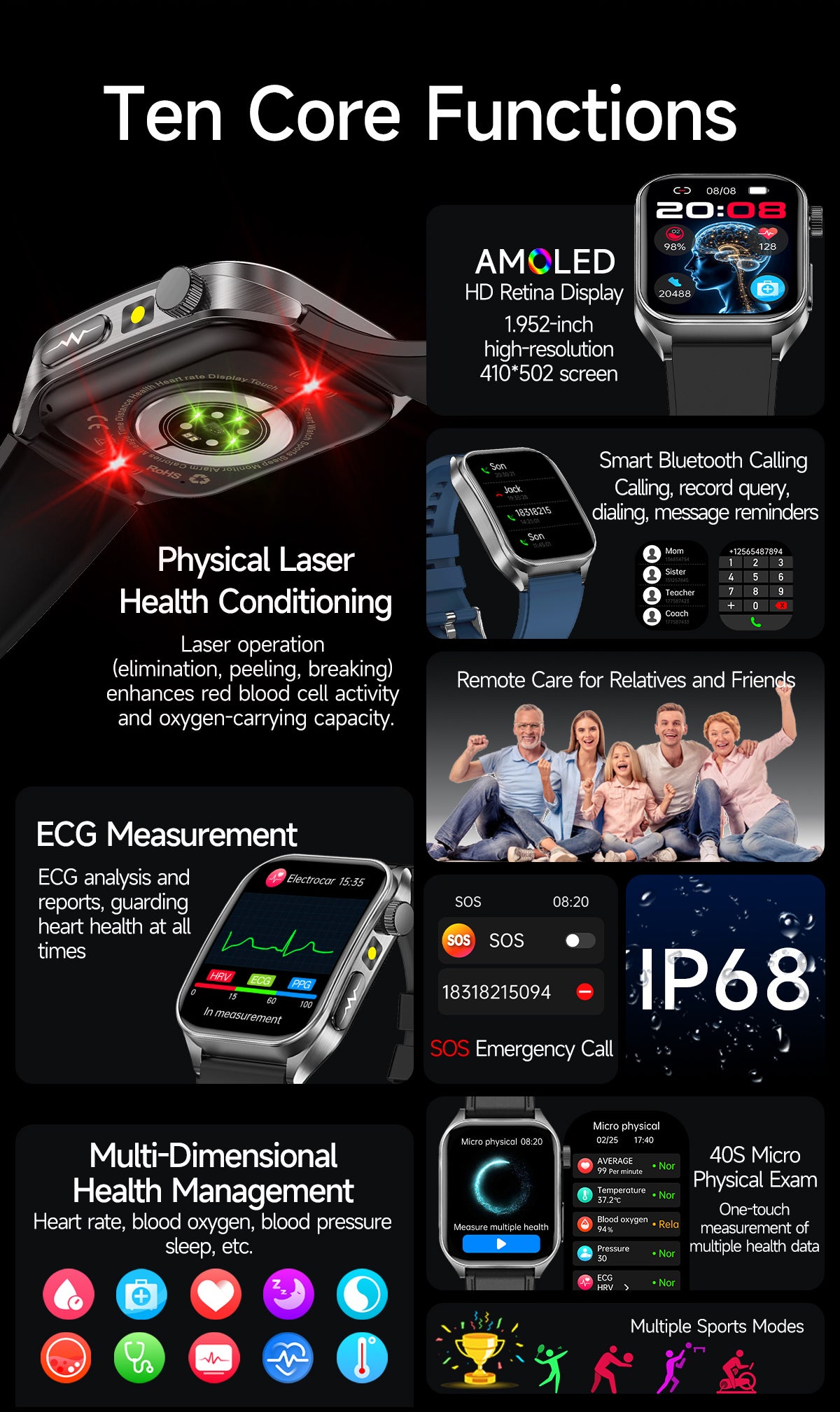 New smartwatch E810 Dual probe laser health therapy function Bluetooth call ECG electrocardiogram blood sugar uric acid blood lipid body temperature blood oxygen sleep monitoring breathing training.