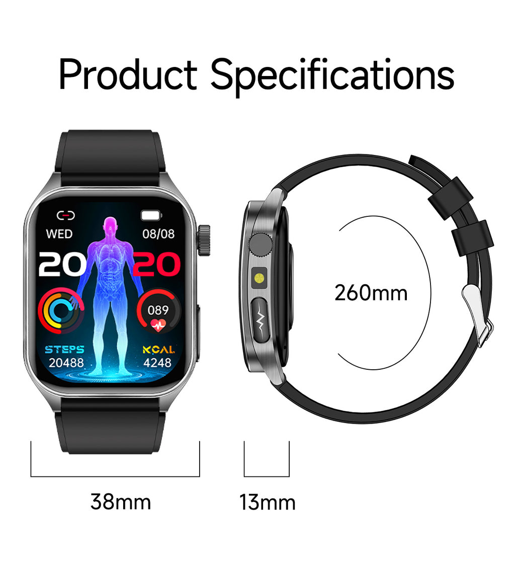New smartwatch E810 Dual probe laser health therapy function Bluetooth call ECG electrocardiogram blood sugar uric acid blood lipid body temperature blood oxygen sleep monitoring breathing training.