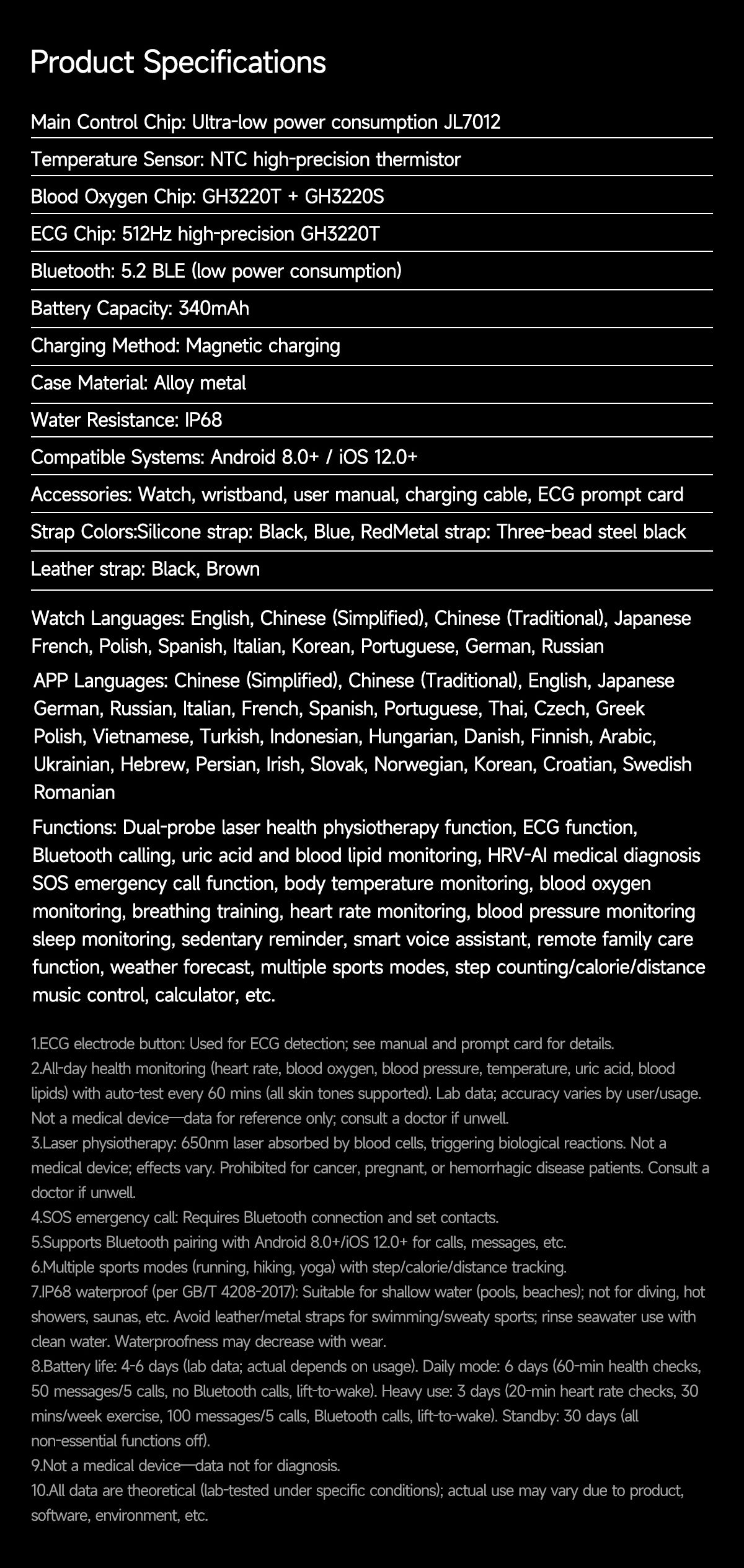 New smartwatch E810 Dual probe laser health therapy function Bluetooth call ECG electrocardiogram blood sugar uric acid blood lipid body temperature blood oxygen sleep monitoring breathing training.