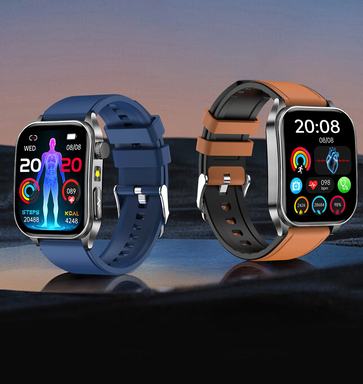 New smartwatch E810 Dual probe laser health therapy function Bluetooth call ECG electrocardiogram blood sugar uric acid blood lipid body temperature blood oxygen sleep monitoring breathing training.