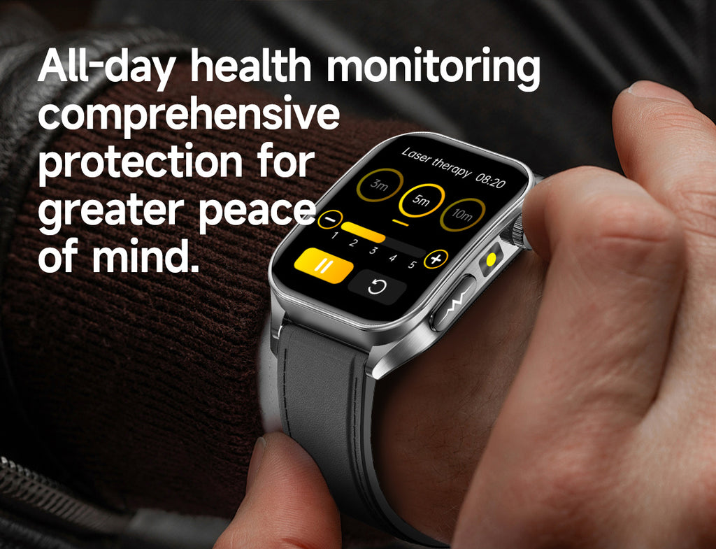 New smartwatch E810 Dual probe laser health therapy function Bluetooth call ECG electrocardiogram blood sugar uric acid blood lipid body temperature blood oxygen sleep monitoring breathing training.