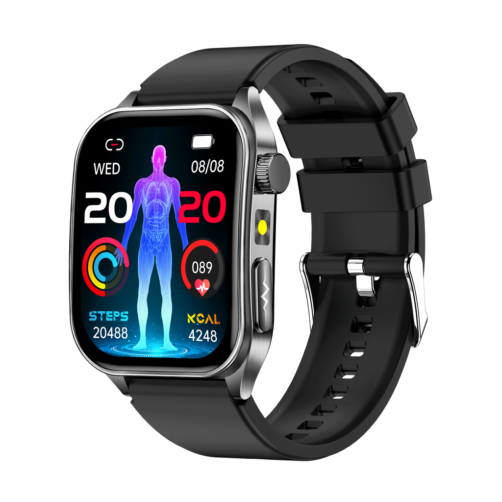 New smartwatch E810 Dual probe laser health therapy function Bluetooth call ECG electrocardiogram blood sugar uric acid blood lipid body temperature blood oxygen sleep monitoring breathing training.