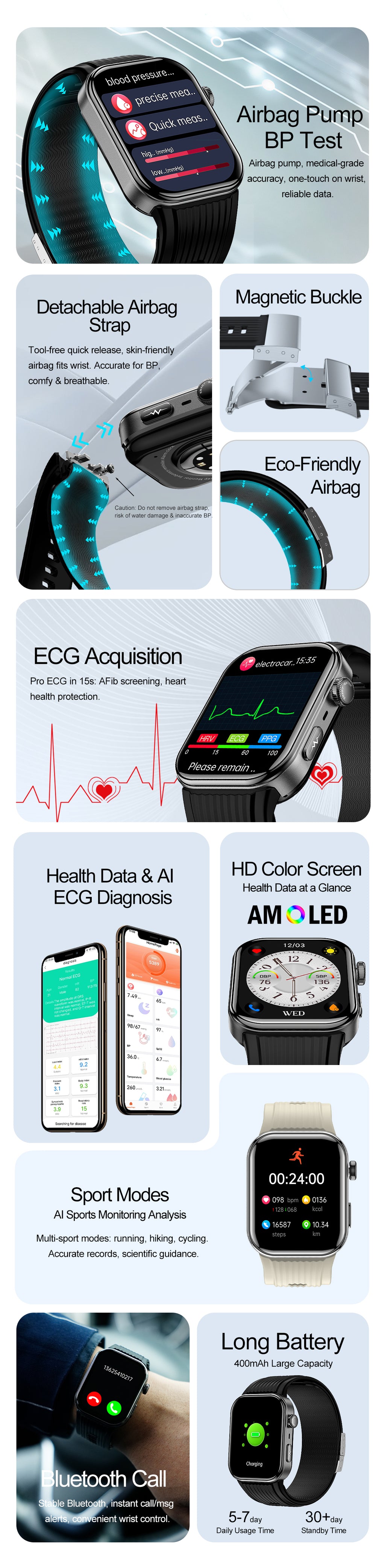 New smartwatch S191 Air pump+airbag type true blood pressure accurate test,Bluetooth call,ECG electrocardiogram,blood sugar, uric acid, blood lipid, body temperature, blood oxygen, sleep monitoring, breathing training.
