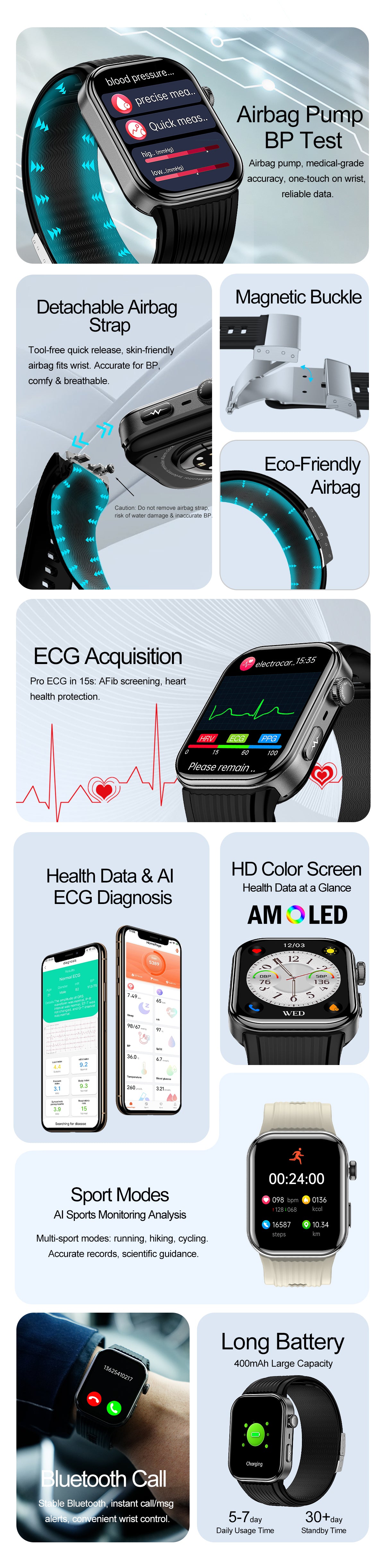 New smartwatch S191 Air pump+airbag type true blood pressure accurate test,Bluetooth call,ECG electrocardiogram,blood sugar, uric acid, blood lipid, body temperature, blood oxygen, sleep monitoring, breathing training.