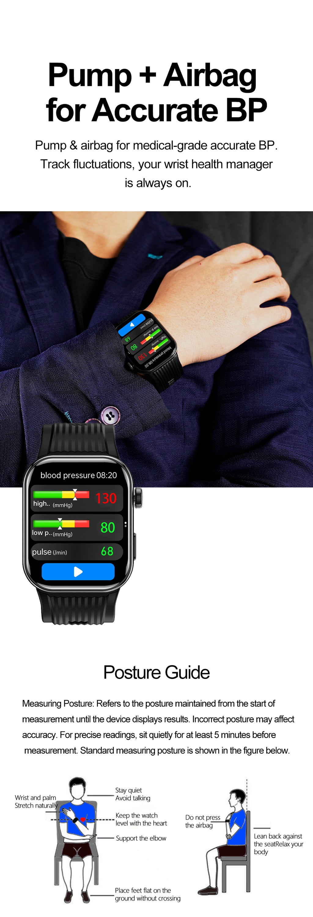 New smartwatch S191 Air pump+airbag type true blood pressure accurate test,Bluetooth call,ECG electrocardiogram,blood sugar, uric acid, blood lipid, body temperature, blood oxygen, sleep monitoring, breathing training.