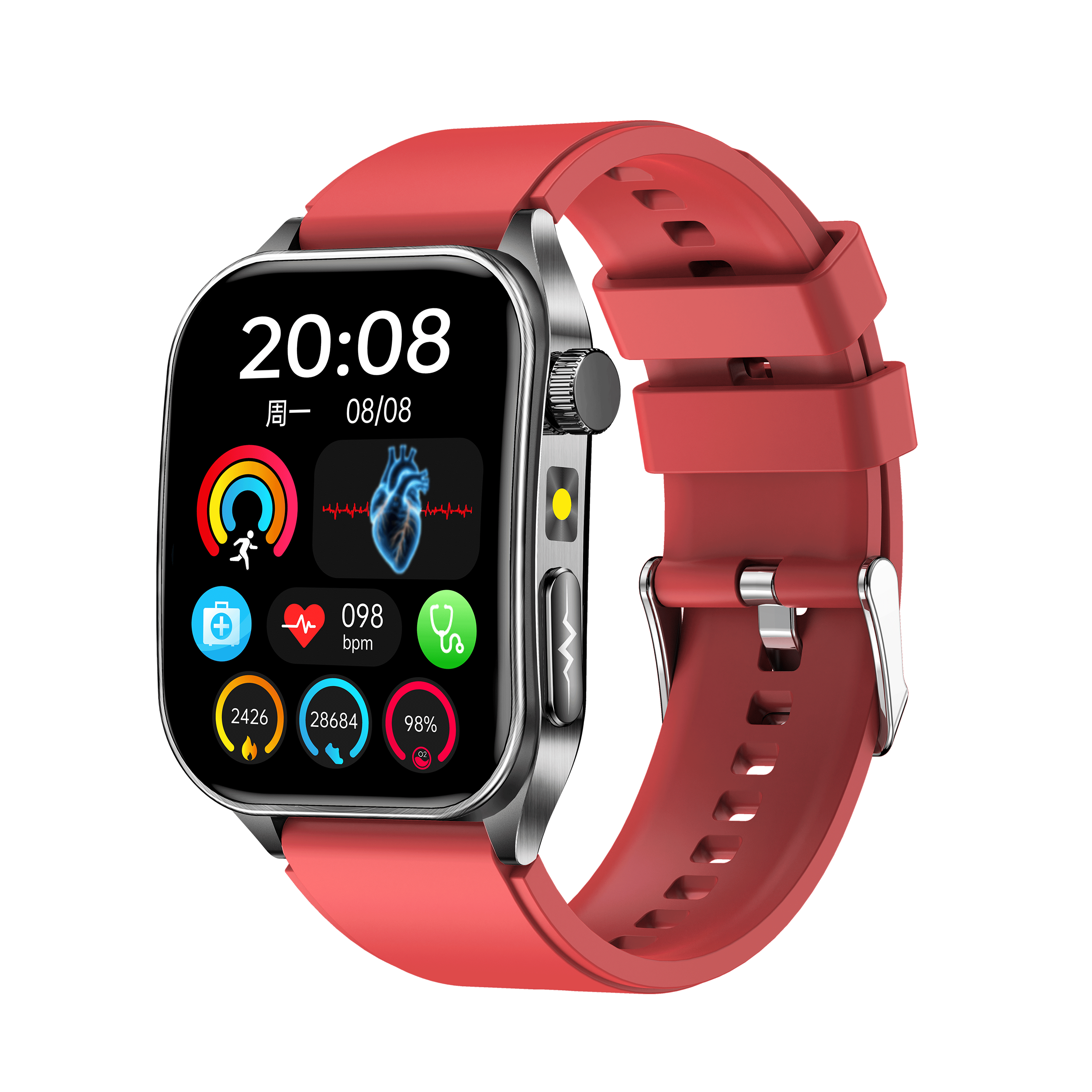 New smartwatch E810 Dual probe laser health therapy function Bluetooth call ECG electrocardiogram blood sugar uric acid blood lipid body temperature blood oxygen sleep monitoring breathing training.